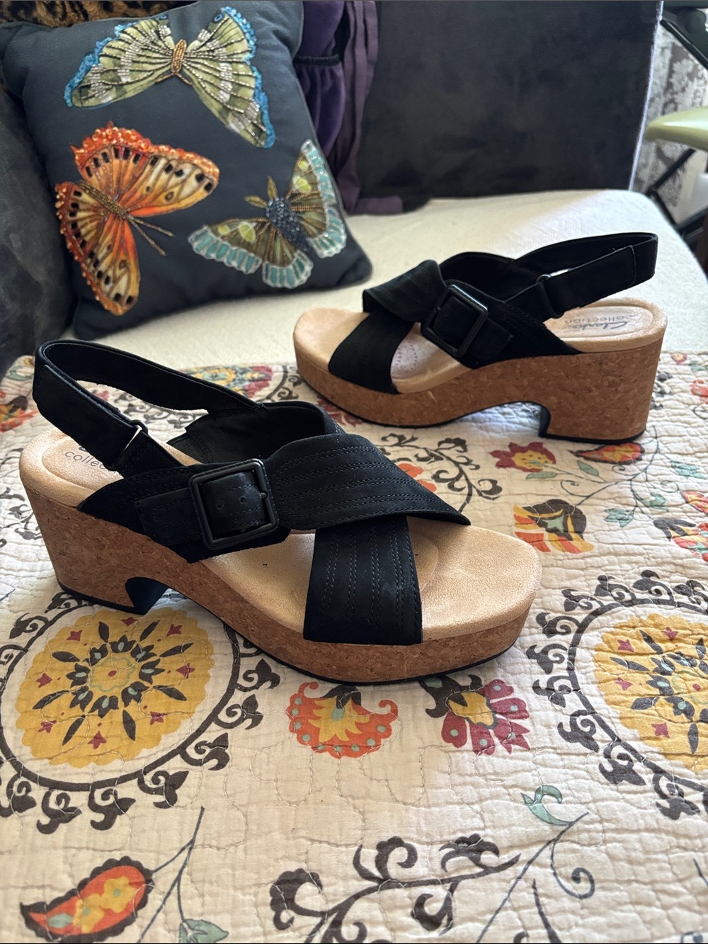 Clark’s Cork Wedge Heel Sandals Nerisa West Black Nubuck Size 9.5W